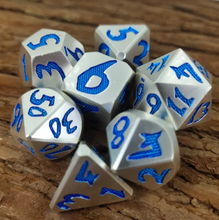 Load image into Gallery viewer, Silver with Blue Handwriting Metal Dice Set