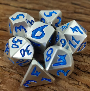 Silver with Blue Handwriting Metal Dice Set