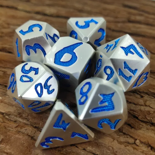 Silver with Blue Handwriting Metal Dice Set