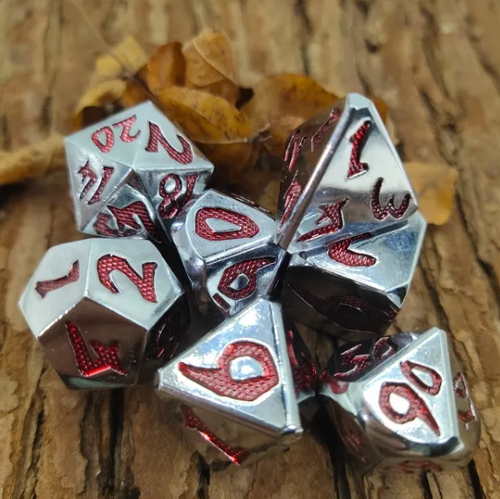 Silver with Red Handwriting Metal Dice Set