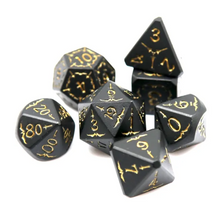 Load image into Gallery viewer, Black with Yellow Metal Dice Set