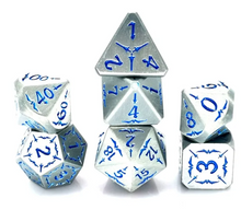 Load image into Gallery viewer, Silver with Blue Metal Dice Set