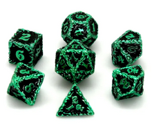 Load image into Gallery viewer, Black and Green Druid Metal Dice Set