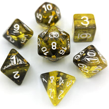 Load image into Gallery viewer, Yellow to black transparent Gradient with gold Glitter with White Font with Talys Dragon. 7 Piece Standard Size Dice Set