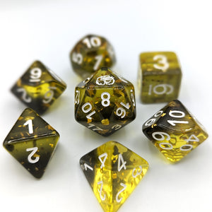 Yellow to black transparent Gradient with gold Glitter with White Font with Talys Dragon. 7 Piece Standard Size Dice Set