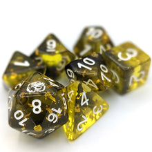 Load image into Gallery viewer, Yellow to black transparent Gradient with gold Glitter with White Font with Talys Dragon. 7 Piece Standard Size Dice Set