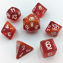 Load image into Gallery viewer, One third Solid burnt orange layer then two thirds red transparent layer with medium sized gold flakes. White Font with Talys Dragon on D20. 7 Piece Standard Size Dice Set.