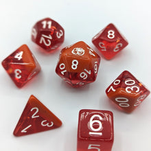 Load image into Gallery viewer, One third Solid burnt orange layer then two thirds red transparent layer with medium sized gold flakes. White Font with Talys Dragon on D20. 7 Piece Standard Size Dice Set.