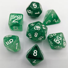 Load image into Gallery viewer, Semi transparent green dice with a mix of light to dark green pattern and slight glitter. White Font with Talys Dragon. 7 Piece Standard Size Dice Set