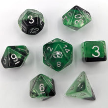 Load image into Gallery viewer, One third Solid black layer with green transparent nebula pattern creates the smoke for the cauldron. Silver Font with Talys Dragon. 7 Piece Standard Size Dice Set
