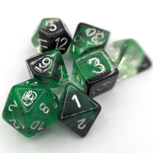 Load image into Gallery viewer, One third Solid black layer with green transparent nebula pattern creates the smoke for the cauldron. Silver Font with Talys Dragon. 7 Piece Standard Size Dice Set