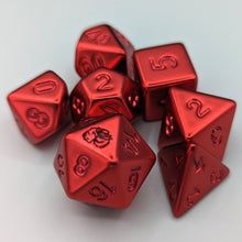 Load image into Gallery viewer, red electroplating creates a solid metal looking resin dice set. Non-inked numbers with Talys Dragon. 7 Piece Standard Size Dice Set