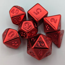 Load image into Gallery viewer, red electroplating creates a solid metal looking resin dice set. Non-inked numbers with Talys Dragon. 7 Piece Standard Size Dice Set