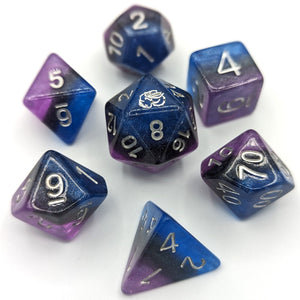 Crown  Purple, black and blue layered dice. Silver font with Talys Dragon. 7 Piece Standard Size Dice Set