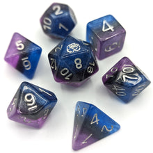 Load image into Gallery viewer, Crown  Purple, black and blue layered dice. Silver font with Talys Dragon. 7 Piece Standard Size Dice Set