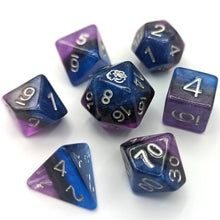 Load image into Gallery viewer, Crown  Purple, black and blue layered dice. Silver font with Talys Dragon. 7 Piece Standard Size Dice Set