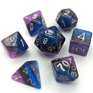 Crown  Purple, black and blue layered dice. Silver font with Talys Dragon. 7 Piece Standard Size Dice Set
