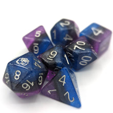 Load image into Gallery viewer, Crown  Purple, black and blue layered dice. Silver font with Talys Dragon. 7 Piece Standard Size Dice Set