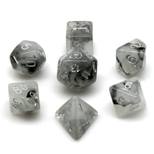 Load image into Gallery viewer, Solid light grey and black nebula pattern. Silver font with Talys Dragon. 7 Piece Standard Size Dice Set