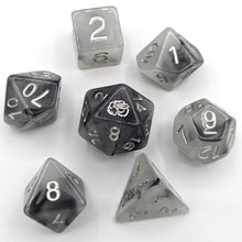 Load image into Gallery viewer, Solid light grey and black nebula pattern. Silver font with Talys Dragon. 7 Piece Standard Size Dice Set