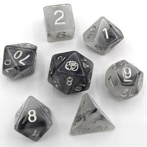 Solid light grey and black nebula pattern. Silver font with Talys Dragon. 7 Piece Standard Size Dice Set