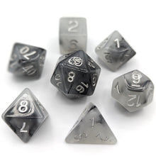 Load image into Gallery viewer, Solid light grey and black nebula pattern. Silver font with Talys Dragon. 7 Piece Standard Size Dice Set