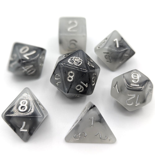 Solid light grey and black nebula pattern. Silver font with Talys Dragon. 7 Piece Standard Size Dice Set