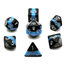 Load image into Gallery viewer, Solid black layer, electric light blue, and black layer. Silver font with Talys Dragon. 7 Piece Standard Size Dice Set
