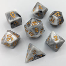 Load image into Gallery viewer, Solid white dice with grey lines going throughout like the stone. Gold font with Talys Dragon. 7 Piece Standard Size Dice Set
