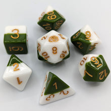 Load image into Gallery viewer, Solid cream white layer and medium green layer. Gold font with Talys Dragon. 7 Piece Standard Size Dice Set