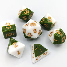 Load image into Gallery viewer, Solid cream white layer and medium green layer. Gold font with Talys Dragon. 7 Piece Standard Size Dice Set