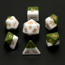 Load image into Gallery viewer, Solid cream white layer and medium green layer. Gold font with Talys Dragon. 7 Piece Standard Size Dice Set