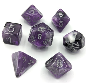 Purple, white, and black marble mix. Silver font with Talys Dragon. 7 Piece Standard Size Dice Set
