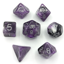 Load image into Gallery viewer, Purple, white, and black marble mix. Silver font with Talys Dragon. 7 Piece Standard Size Dice Set