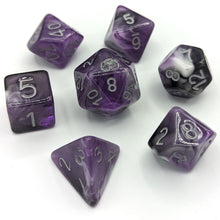 Load image into Gallery viewer, Purple, white, and black marble mix. Silver font with Talys Dragon. 7 Piece Standard Size Dice Set