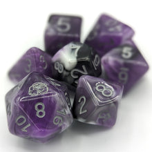 Load image into Gallery viewer, Purple, white, and black marble mix. Silver font with Talys Dragon. 7 Piece Standard Size Dice Set