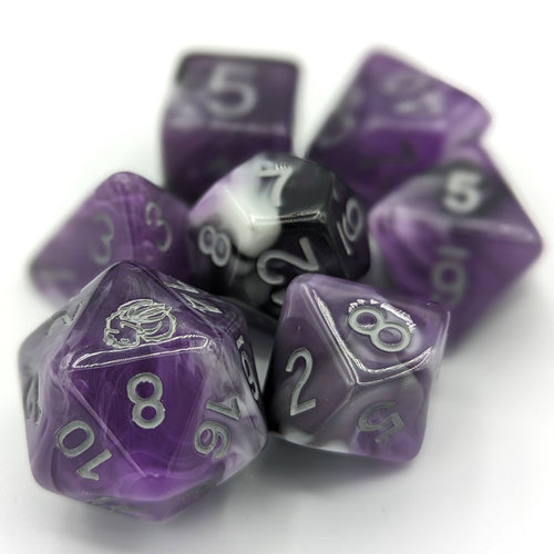 Purple, white, and black marble mix. Silver font with Talys Dragon. 7 Piece Standard Size Dice Set