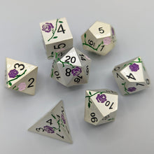 Load image into Gallery viewer, Silver with Purple and Pink Flowers Metal Dice Set