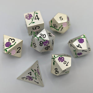 Silver with Purple and Pink Flowers Metal Dice Set