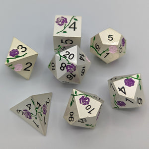 Silver with Purple and Pink Flowers Metal Dice Set