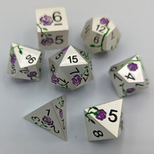 Load image into Gallery viewer, Silver with Purple Flowers Metal Dice Set