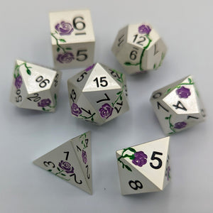 Silver with Purple Flowers Metal Dice Set