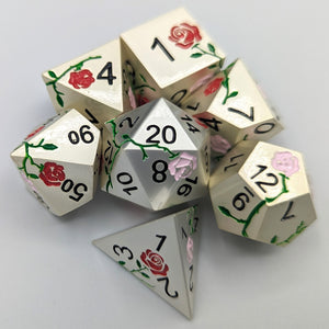 Silver with Red and Pink Flowers Metal Dice Set
