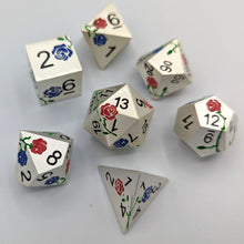 Load image into Gallery viewer, Silver with Red and Blue Flowers Metal Dice Set