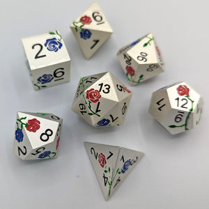 Silver with Red and Blue Flowers Metal Dice Set
