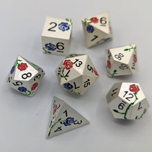 Load image into Gallery viewer, Silver with Red and Blue Flowers Metal Dice Set
