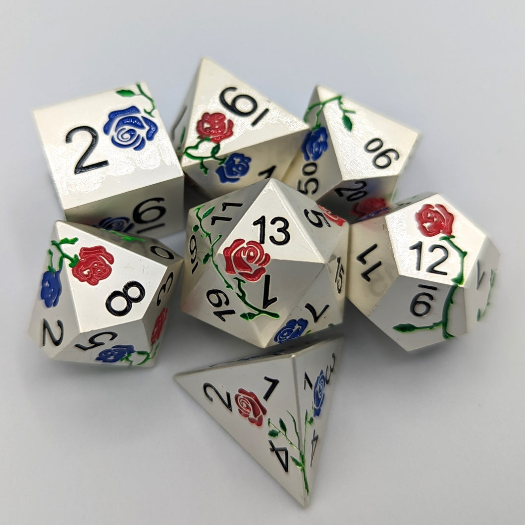 Silver with Red and Blue Flowers Metal Dice Set
