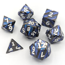 Load image into Gallery viewer, Black with Blue Stripes Metal Dice Set