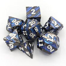 Load image into Gallery viewer, Black with Blue Stripes Metal Dice Set