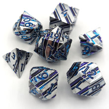 Load image into Gallery viewer, Silver with Blue Stripes Metal Dice Set